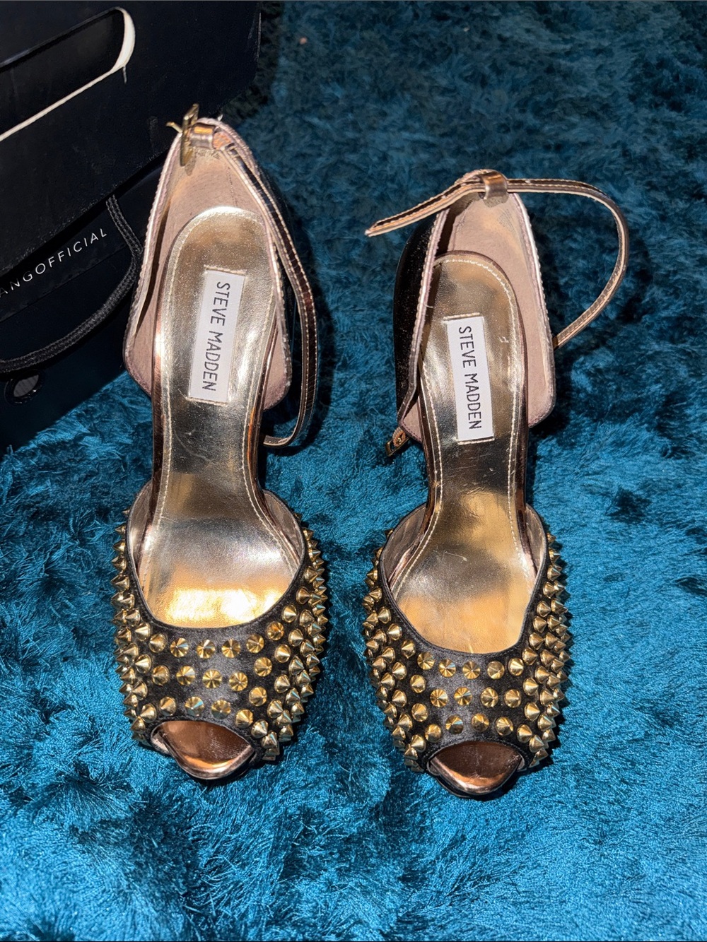 Steve Madden Metallic Gold Studded Peep-Toe Ankle Strap Heels